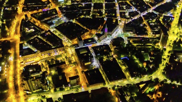 Aerial view, City and evang. Old Town Church, Ebertstraße and Heinrich-König-Platz, Old Town, Gelsenkirchen, Ruhr area, North Rhine-Westphalia, Germany, place of worship, DE, twilight photography, Ebertstraße, Europe, religious community, place of worship, holy place, church, parish, denomination, light pollution, aerial photograph, aerial photography, aerial photography, night, night photograph, night flight, religion, religious site, tower, overview, bird's eye view, illuminated streets, birds-eyes view, nightflight, overview