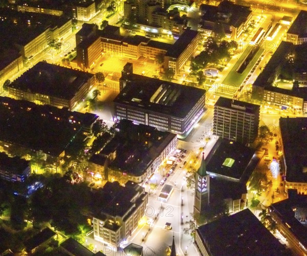 Aerial view, City and evang. Old Town Church, Ebertstraße and Heinrich-König-Platz, Old Town, Gelsenkirchen, Ruhr area, North Rhine-Westphalia, Germany, place of worship, DE, twilight photography, Ebertstraße, Europe, religious community, place of worship, holy place, church, parish, denomination, light pollution, aerial photograph, aerial photography, aerial photography, night, night photograph, night flight, religion, religious site, tower, overview, bird's eye view, illuminated streets, birds-eyes view, nightflight, overview
