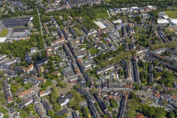 Aerial view, Rotthausen secondary centre, Karl-Meyer-Straße, retail centre, Rotthausen, Gelsenkirchen, Ruhr area, North Rhine-Westphalia, Germany, DE, Europe, birds-eyes view, aerial view, aerial photography, aerial photography, overview, overview, bird's eye view, retail centres of the city of Gelsenkirchen, shopping street, district
