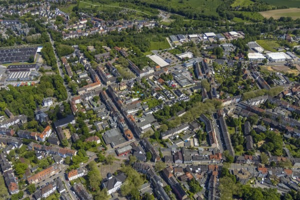 Aerial view, Rotthausen secondary centre, Karl-Meyer-Straße, retail centre, Rotthausen, Gelsenkirchen, Ruhr area, North Rhine-Westphalia, Germany, DE, Europe, birds-eyes view, aerial view, aerial photography, aerial photography, overview, overview, bird's eye view, retail centres of the city of Gelsenkirchen, shopping street, district