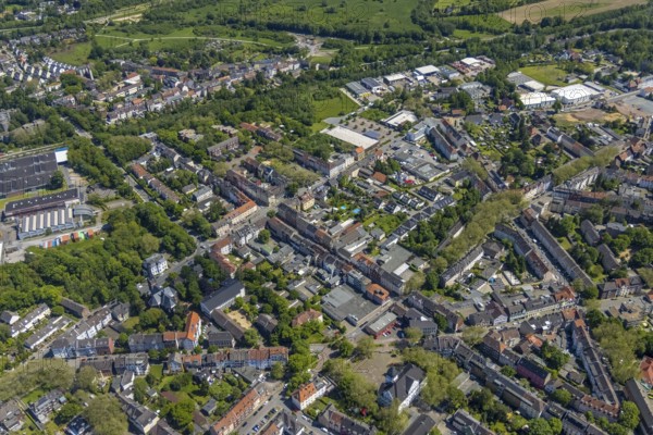 Aerial view, Rotthausen secondary centre, Karl-Meyer-Straße, retail centre, Rotthausen, Gelsenkirchen, Ruhr area, North Rhine-Westphalia, Germany, DE, Europe, birds-eyes view, aerial view, aerial photography, aerial photography, overview, overview, bird's eye view, retail centres of the city of Gelsenkirchen, shopping street, district
