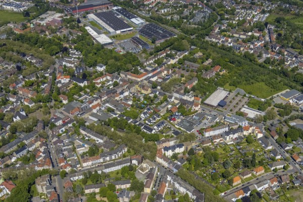 Aerial view, Rotthausen secondary centre, Karl-Meyer-Straße, retail centre, Rotthausen, Gelsenkirchen, Ruhr area, North Rhine-Westphalia, Germany, DE, Europe, birds-eyes view, aerial view, aerial photography, aerial photography, overview, overview, bird's eye view, retail centres of the city of Gelsenkirchen, shopping street, district