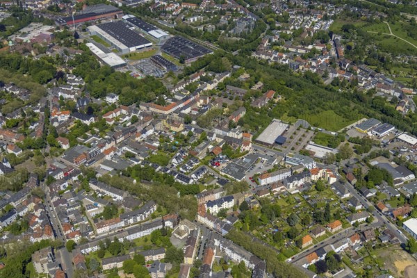 Aerial view, Rotthausen secondary centre, Karl-Meyer-Straße, retail centre, Rotthausen, Gelsenkirchen, Ruhr area, North Rhine-Westphalia, Germany, DE, Europe, birds-eyes view, aerial view, aerial photography, aerial photography, overview, overview, bird's eye view, retail centres of the city of Gelsenkirchen, shopping street, district