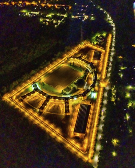 Aerial view, Gelsenkirchen Prison, JVA Feldmark, Gelsenkirchen, Ruhr area, North Rhine-Westphalia, Germany, Aldenhofstraße, detention, DE, triangular shape, twilight photography, Europe, imprisonment, prison, detention centre, prison sentence, correctional facility, light pollution, aerial photography, aerial photography, night, night photography, night flight, overview, custody, bird's eye view, illuminated streets, birds-eyes view, nightflight, overview