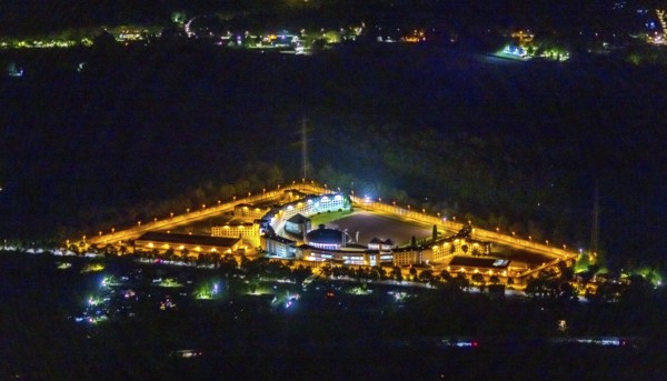 Aerial view, Gelsenkirchen Prison, JVA Feldmark, Gelsenkirchen, Ruhr area, North Rhine-Westphalia, Germany, Aldenhofstraße, detention, DE, triangular shape, twilight photography, Europe, imprisonment, prison, detention centre, prison sentence, correctional facility, light pollution, aerial photography, aerial photography, night, night photography, night flight, overview, custody, bird's eye view, illuminated streets, birds-eyes view, nightflight, overview