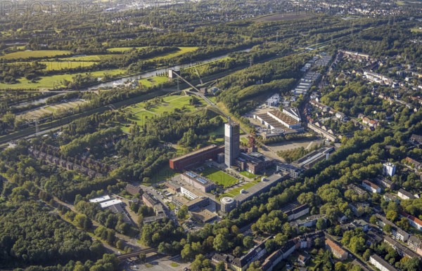 Aerial view, Hercules of Gelsenkirchen sculpture in the Nordstern industrial park on the winding tower of the former Nordstern colliery in the Horst district of Gelsenkirchen, Ruhr area, North Rhine-Westphalia, Germany, DE, Europe, figures, Gelsenkirchen, aerial view, aerial photography, aerial photography, monumental statue, sculpture, symbol, overview, bird's-eye view, overview