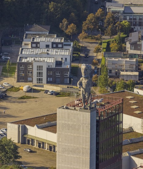 Aerial view, Hercules of Gelsenkirchen sculpture in the Nordstern industrial park on the winding tower of the former Nordstern colliery in the Horst district of Gelsenkirchen, Ruhr area, North Rhine-Westphalia, Germany, DE, Europe, figures, Gelsenkirchen, aerial view, aerial photography, aerial photography, monumental statue, sculpture, symbol, overview, bird's-eye view, overview