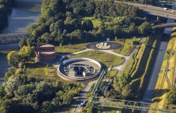 Aerial view, New pumping station building of the Emschergenossenschaft near the Sutumer Brücken on the lock island between the Rhine-Herne Canal and the river Emscher in the district of Schalke-Nord in Gelsenkirchen, Ruhr area, North Rhine-Westphalia, Germany, sewage pumping station, DE, Emschergenossenschaft, Emscher island, Europe, Gelsenkirchen, aerial view, aerial photography, aerial photography, overview, bird's-eye view, overview