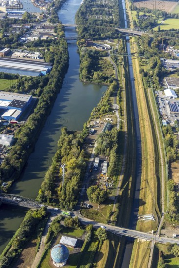 Aerial view, New pumping station building of the Emschergenossenschaft near the Sutumer Brücken on the lock island between the Rhine-Herne Canal and the river Emscher in the district of Schalke-Nord in Gelsenkirchen, Ruhr area, North Rhine-Westphalia, Germany, sewage pumping station, DE, Emschergenossenschaft, Emscher island, Europe, Gelsenkirchen, aerial view, aerial photography, aerial photography, overview, bird's-eye view, overview