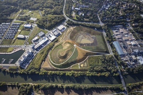 Aerial view, construction site harbour quarter Graf Bismarck at the Rhine-Herne-Canal in the district Bismarck in Gelsenkirchen, Ruhr area, North Rhine-Westphalia, Germany, DE, Europe, Gelsenkirchen, aerial view, aerial photography, aerial photography, overview, bird's-eye view, overview