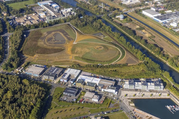 Aerial view, construction site harbour quarter Graf Bismarck at the Rhine-Herne-Canal in the district Bismarck in Gelsenkirchen, Ruhr area, North Rhine-Westphalia, Germany, DE, Europe, Gelsenkirchen, aerial view, aerial photography, aerial photography, overview, bird's-eye view, overview