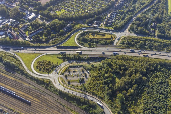 Aerial view, motorway A42 junction Gelsenkirchen-Schalke in the district Bismarck in Gelsenkirchen, Ruhr area, North Rhine-Westphalia, Germany, junction, motorway, DE, Europe, Gelsenkirchen, aerial view, aerial photography, aerial photography, overview, birds-eyes view, overview