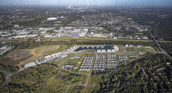 Aerial view, terraced house housing estate at Graf Bismarck harbour in the Bismarck district of Gelsenkirchen, Ruhr area, North Rhine-Westphalia, Germany, DE, single-family houses, Europe, Gelsenkirchen, property tax, harbour, harbour area, real estate, marina, aerial view, aerial photography, aerial photography, terraced houses, overview, bird's-eye view, residential complex, living and life, residential area, residential houses, quality of life, residential quarter, housing estate, marina, birds-eyes view, overview