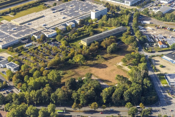 Aerial view, brownfield and industrial area Emscherstrasse with demolition Gafög Arbeitsförderungsgesellschaft at the Bleistahl factory site in the district Erle in Gelsenkirchen, Ruhr area, North Rhine-Westphalia, Germany, DE, Europe, Gelsenkirchen, commercial enterprises, commercial area, industrial area, commercial location, commercial use, industrial area, industrial location, aerial view, aerial photography, aerial photography, overview, bird's-eye view, overview