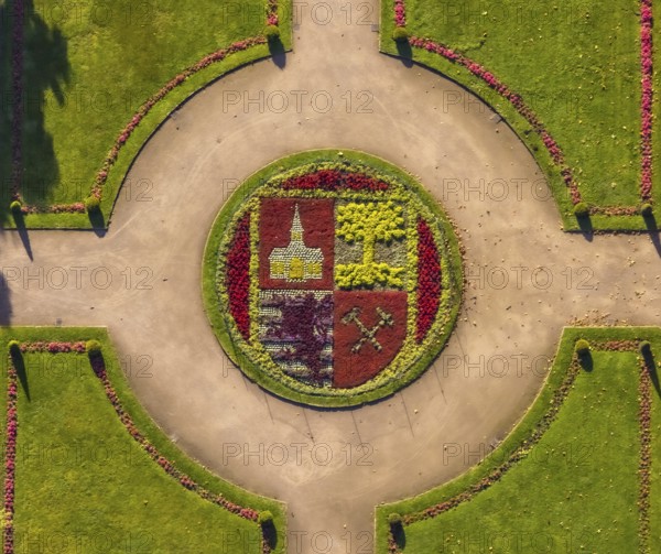 Aerial view, moated castle Schloss Berge green areas and city coat of arms of Gelsenkirchen in the district Buer in Gelsenkirchen, Ruhr area, North Rhine-Westphalia, Germany, Adenauerallee, DE, Europe, shapes and colours, gastronomy, Gelsenkirchen, green areas, hotel, hotel facilities, hotel business, logo, aerial view, aerial photography, aerial photography, restaurant, overview, bird's eye view, coat of arms, birds-eyes view, overview