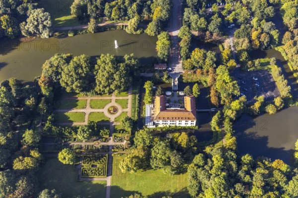 Aerial view, moated castle Schloss Berge in the district Buer in Gelsenkirchen, Ruhr area, North Rhine-Westphalia, Germany, Adenauerallee, DE, Europe, gastronomy, Gelsenkirchen, green areas, hotel, hotel facilities, hotel business, aerial view, aerial photography, aerial photography, restaurant, overview, bird's-eye view, overview