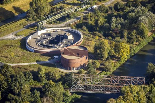 Aerial view, New pumping station building of the Emschergenossenschaft near the Sutumer Brücken on the lock island between the Rhine-Herne Canal and the river Emscher in the district of Schalke-Nord in Gelsenkirchen, Ruhr area, North Rhine-Westphalia, Germany, sewage pumping station, DE, Emschergenossenschaft, Emscher island, Europe, Gelsenkirchen, aerial view, aerial photography, aerial photography, overview, bird's-eye view, overview