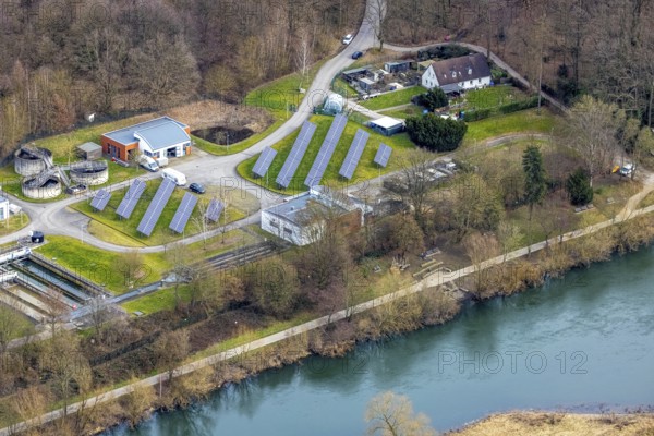 Aerial view, river Ruhr, Ruhr wastewater treatment plant, solar plant, Kettwig, Essen, Ruhr area, North Rhine-Westphalia, Germany, DE, Europe, landscape conservation area, aerial view, aerial photography, aerial photography, photovoltaic, photovoltaic plant, solar, solar energy, solar energy, overview, bird's-eye view, birds-eyes view, overview