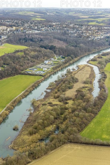 Aerial view, River Ruhr, Lower Kettwiger Ruhraue, Ruhrverabnd sewage treatment plant, Kettwig, Essen, Ruhr area, North Rhine-Westphalia, Germany, DE, Europe, green trees, sewage treatment plant, landscape conservation area, aerial view, aerial photography, aerial photography, overview, bird's eye view, meadows and fields, birds-eyes view, overview