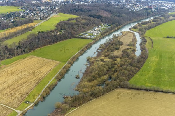 Aerial view, River Ruhr, Lower Kettwiger Ruhraue, Ruhrverabnd sewage treatment plant, Kettwig, Essen, Ruhr area, North Rhine-Westphalia, Germany, DE, Europe, green trees, sewage treatment plant, landscape conservation area, aerial view, aerial photography, aerial photography, overview, bird's eye view, meadows and fields, birds-eyes view, overview