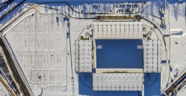 Aerial view, stadium Essen Hafenstraße, Bergeborbeck, Essen, Ruhr area, North Rhine-Westphalia, Germany, DE, Europe, football pitch, football stadium, football club, aerial view, aerial photography, aerial photography, snow, sports facilities, sports field, sports facility, stadium, overview, bird's eye view, winter, birds-eyes view, overview