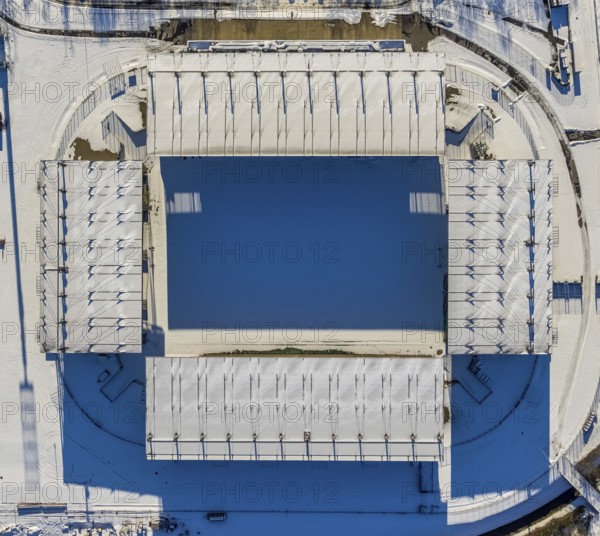 Aerial view, stadium Essen Hafenstraße, Bergeborbeck, Essen, Ruhr area, North Rhine-Westphalia, Germany, DE, Europe, football pitch, football stadium, football club, aerial view, aerial photography, aerial photography, snow, sports facilities, sports field, sports facility, stadium, overview, bird's eye view, winter, birds-eyes view, overview