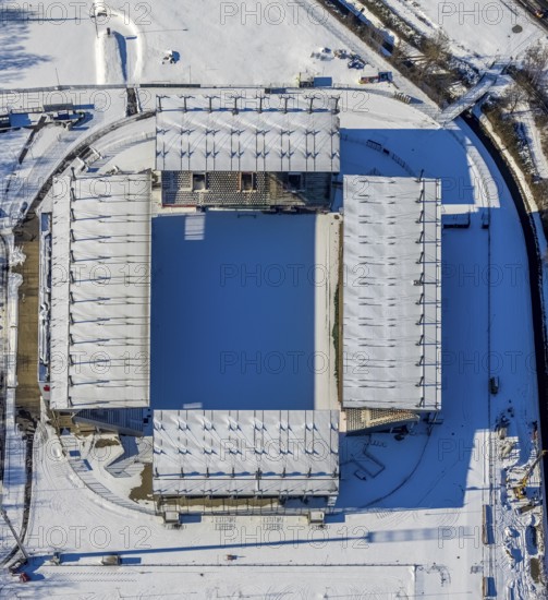 Aerial view, stadium Essen Hafenstraße, Bergeborbeck, Essen, Ruhr area, North Rhine-Westphalia, Germany, DE, Europe, football pitch, football stadium, football club, aerial view, aerial photography, aerial photography, snow, sports facilities, sports field, sports facility, stadium, overview, bird's eye view, winter, birds-eyes view, overview