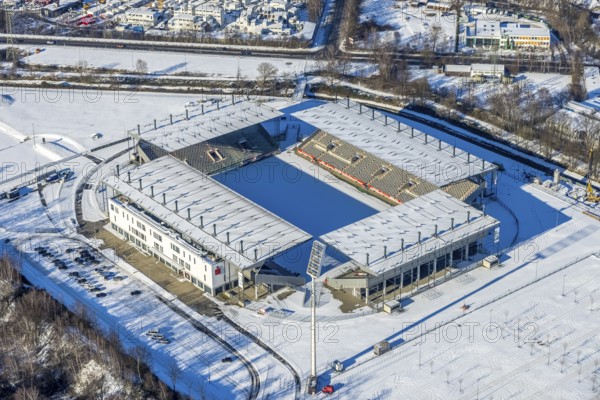 Aerial view, stadium Essen Hafenstraße, Essen-Bochold, Essen, Ruhr area, North Rhine-Westphalia, Germany, DE, Europe, football pitch, football stadium, football club, aerial view, aerial photography, aerial photography, snow, sports facilities, sports field, sports facility, stadium, overview, bird's eye view, winter, birds-eyes view, overview