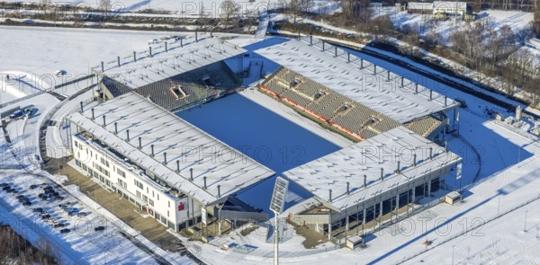 Aerial view, stadium Essen Hafenstraße, Essen-Bochold, Essen, Ruhr area, North Rhine-Westphalia, Germany, DE, Europe, football pitch, football stadium, football club, aerial view, aerial photography, aerial photography, snow, sports facilities, sports field, sports facility, stadium, overview, bird's eye view, winter, birds-eyes view, overview