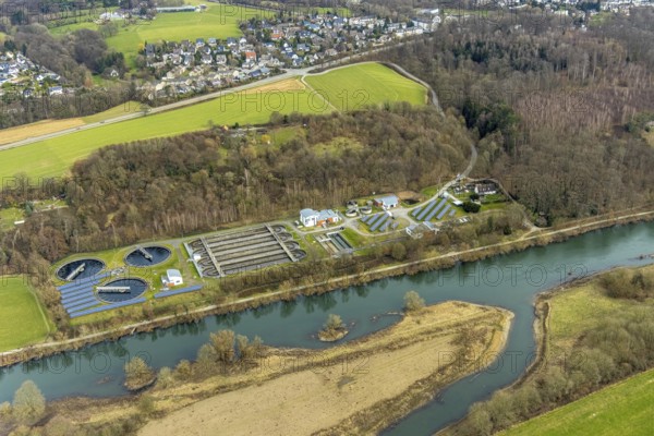 Aerial view, river Ruhr, Ruhr wastewater treatment plant, solar plant, Kettwig, Essen, Ruhr area, North Rhine-Westphalia, Germany, DE, Europe, landscape conservation area, aerial view, aerial photography, aerial photography, photovoltaic, photovoltaic plant, solar, solar energy, solar energy, overview, bird's-eye view, birds-eyes view, overview