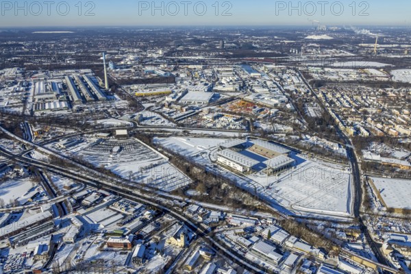 Aerial view, stadium Essen Hafenstraße, Essen-Bochold, Essen, Ruhr area, North Rhine-Westphalia, Germany, DE, Europe, distant view, football pitch, football stadium, football club, aerial view, aerial photography, aerial photography, snow, sports facilities, sports field, sports facility, stadium, overview, bird's eye view, winter, birds-eyes view, overview