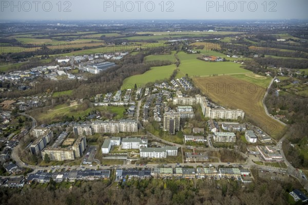 Aerial view, high-rise housing estate Neckarstraße, Kettwig, Essen, Ruhr area, North Rhine-Westphalia, Germany, DE, Europe, property tax, high-rise buildings, real estate, aerial photography, aerial photography, multi-family houses, apartment buildings, overview, bird's eye view, residential complex, living and living, residential area, residential buildings, residential quality, residential neighbourhood, housing estate, birds-eyes view, overview