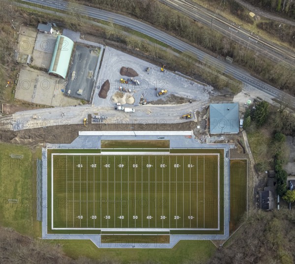 Aerial view, Kettwig Ruhrtalstraße sports ground with American football pitch, Kettwig, Essen, Ruhr area, North Rhine-Westphalia, Germany, DE, Europe, Fußball-Sport-Verein Kettwig e.V., football pitch, football stadium, football club, aerial view, aerial photography, aerial photography, sports, sports facilities, sports ground, sports facility, stadium, overview, bird's-eye view, bird's-eye view, overview
