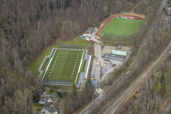 Aerial view, Kettwig Ruhrtalstraße sports ground with American football pitch, Kettwig, Essen, Ruhr area, North Rhine-Westphalia, Germany, DE, Europe, Fußball-Sport-Verein Kettwig e.V., football pitch, football stadium, football club, aerial view, aerial photography, aerial photography, sports, sports facilities, sports ground, sports facility, stadium, overview, bird's-eye view, bird's-eye view, overview