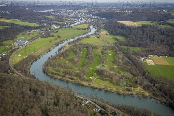 Aerial view, nature reserve Am Ruhruferstreifen am Golfplatz Oefte, river Ruhr, Essen-Heidhausen, Essen, Ruhr area, North Rhine-Westphalia, Germany, DE, Europe, golf, golf course, golf club, golf course, golf meadow, aerial view, aerial photography, aerial photography, Oefte, sports, overview, bird's-eye view, overview