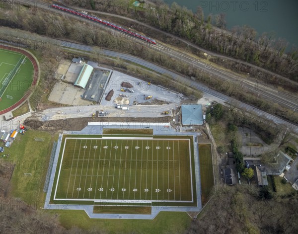 Aerial view, Kettwig Ruhrtalstraße sports ground with American football pitch, Kettwig, Essen, Ruhr area, North Rhine-Westphalia, Germany, DE, Europe, Fußball-Sport-Verein Kettwig e.V., football pitch, football stadium, football club, aerial view, aerial photography, aerial photography, sports, sports facilities, sports ground, sports facility, stadium, overview, bird's-eye view, bird's-eye view, overview