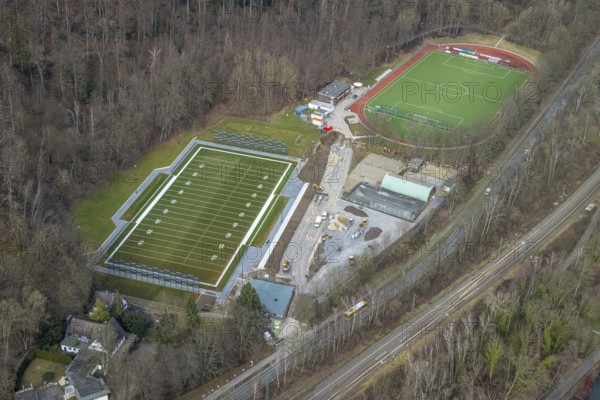 Aerial view, Kettwig Ruhrtalstraße sports ground with American football pitch, Kettwig, Essen, Ruhr area, North Rhine-Westphalia, Germany, DE, Europe, Fußball-Sport-Verein Kettwig e.V., football pitch, football stadium, football club, aerial view, aerial photography, aerial photography, sports, sports facilities, sports ground, sports facility, stadium, overview, bird's-eye view, bird's-eye view, overview