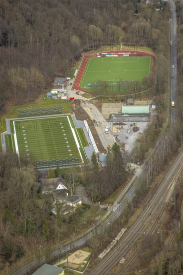 Aerial view, Kettwig Ruhrtalstraße sports ground with American football pitch, Kettwig, Essen, Ruhr area, North Rhine-Westphalia, Germany, DE, Europe, Fußball-Sport-Verein Kettwig e.V., football pitch, football stadium, football club, aerial view, aerial photography, aerial photography, sports, sports facilities, sports ground, sports facility, stadium, overview, bird's-eye view, bird's-eye view, overview