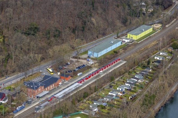 Aerial view, Essen-Kettwig station, Kettwig, Essen, Ruhr area, North Rhine-Westphalia, Germany, railway tracks, railway station, DE, Deutsche Bahn AG, Europe, main station, aerial view, aerial photography, aerial photography, S-Bahn, overview, bird's-eye view, overview