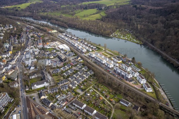 Aerial view, Ruhrbogen Kettwig, residential area at the Kettwiger Ruhrbogen, river Ruhr, camping site Cammerzell, Kettwig, Essen, Ruhr area, North Rhine-Westphalia, Germany, camping, camping site, campsite, DE, Europe, distant view, leisure, property tax, hobby, real estate, Kettwiger See, aerial view, aerial photography, aerial photography, overview, bird's eye view, residential area, living and life, residential area, residential buildings, residential quality, housing estate, birds-eyes view, overview