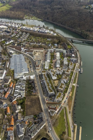 Aerial view, Ruhrbogen Kettwig, residential area at Kettwiger Ruhrbogen, river Ruhr with railway bridge Kettwig, former worsted spinning mill Scheidt, Kettwig, Essen, Ruhr area, North Rhine-Westphalia, Germany, DE, Europe, distant view, property tax, real estate, Kettwiger See, aerial view, aerial photography, aerial photography, overview, bird's eye view, housing estate, living and life, residential area, residential buildings, residential quality, housing estate, birds-eyes view, overview