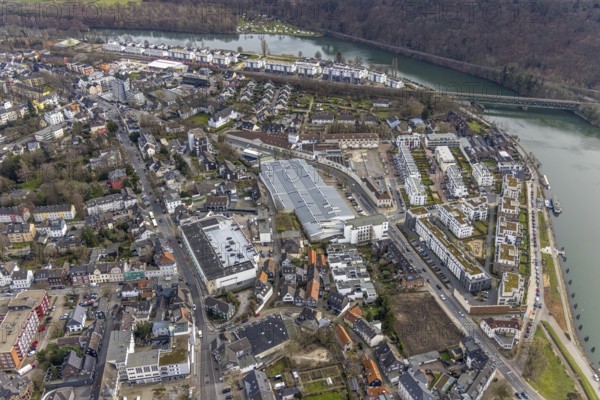 Aerial view, Ruhrbogen Kettwig, residential area at Kettwiger Ruhrbogen, river Ruhr with railway bridge Kettwig, former worsted spinning mill Scheidt, Kettwig, Essen, Ruhr area, North Rhine-Westphalia, Germany, DE, Europe, distant view, property tax, real estate, Kettwiger See, aerial view, aerial photography, aerial photography, overview, bird's eye view, housing estate, living and life, residential area, residential buildings, residential quality, housing estate, birds-eyes view, overview
