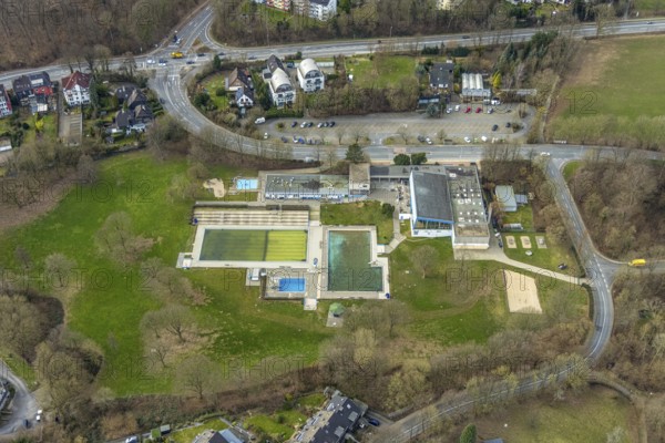 Aerial view, swimming centre Kettwig, Kettwig, Essen, Ruhr area, North Rhine-Westphalia, Germany, bathing establishment, bathing resort, DE, Europe, outdoor swimming pool, leisure activities, Im Teelbruch, aerial view, aerial photography, aerial photography, swimming pool, swimming pool, overview, bird's-eye view, overview