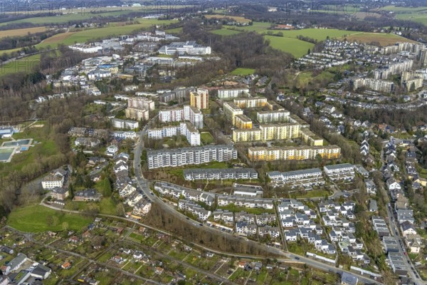 Aerial view, high-rise housing estate Rheinstraße Unterlehberg, Kettwig, Essen, Ruhr area, North Rhine-Westphalia, Germany, DE, single-family houses, Europe, property tax, high-rise buildings, real estate, aerial view, aerial photography, aerial photography, multi-family houses, apartment buildings, overview, bird's-eye view, housing estate, living and living, residential area, residential buildings, quality of living, residential neighbourhood, housing estate, birds-eyes view, overview