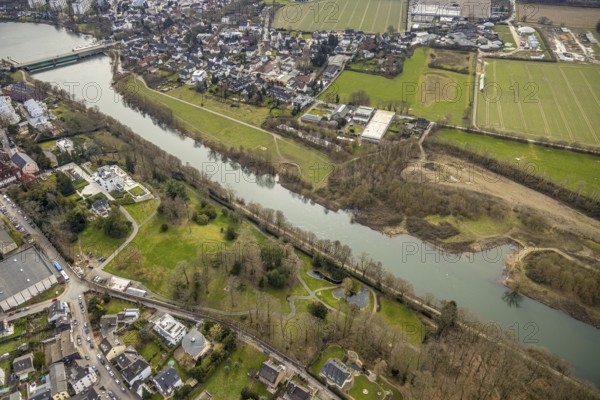 Aerial view, river Ruhr Ruhraue, waterworks Kettwig, Villa Scheidt am Leinpfad, lock Kettwig, Kettwig, Essen, Ruhr area, North Rhine-Westphalia, Germany, DE, Europe, floodplain, aerial view, aerial photography, aerial photography, aerial view, overview, bird's-eye view, overview