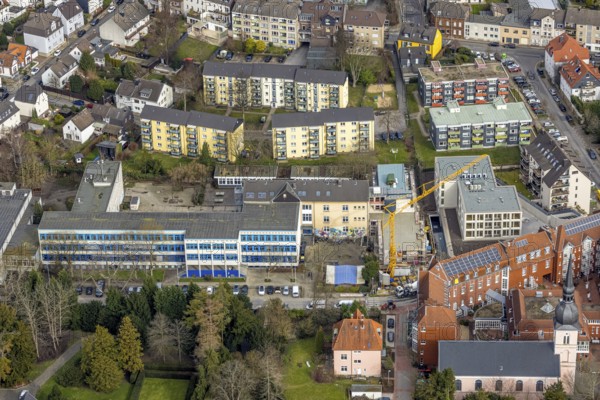 Aerial view, Theodor-Heuss-Gymnasium with construction site, Kettwig, Essen, Ruhr area, North Rhine-Westphalia, Germany, construction work, construction area, construction site, construction crane, construction measure, construction project, education, educational institution, DE, Europe, grammar school, teaching institute, aerial view, aerial photography, aerial photography, school, overview, bird's-eye view, overview