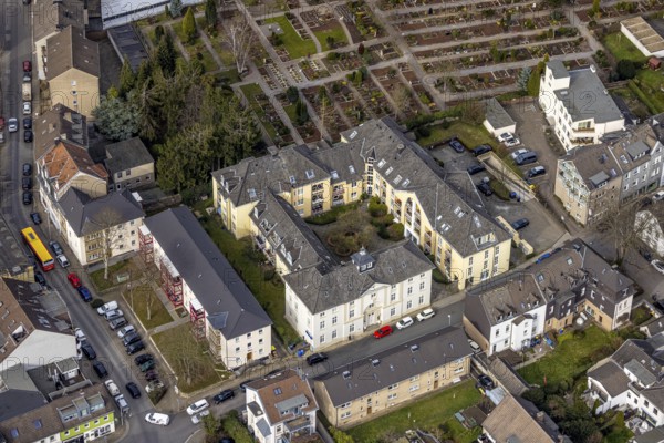 Aerial view, Kaiserhof am cemetery, Kettwig, Essen, Ruhr area, North Rhine-Westphalia, Germany, burial site, DE, Europe, cemetery, memorial, Gottesacker, graves, burial ground, aerial photograph, aerial photography, aerial photography, resting place, overview, bird's-eye view, birds-eyes view, overview