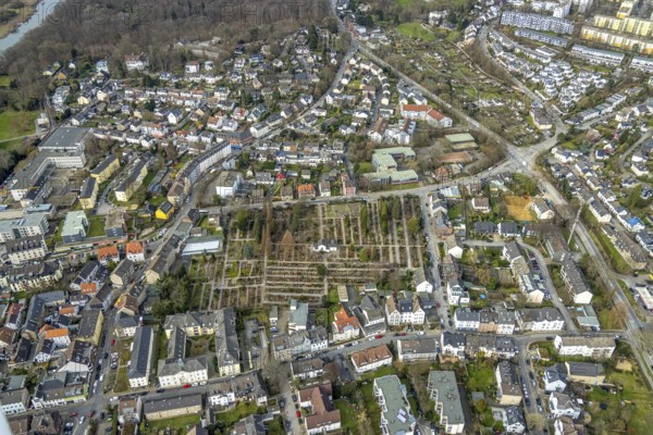Aerial photograph, cemetery, Kettwig, Essen, Ruhr area, North Rhine-Westphalia, Germany, burial site, DE, Europe, memorial, Gottesacker, graves, burial ground, Kaiserhof, aerial photograph, aerial photography, aerial photography, resting place, overview, bird's-eye view, bird's-eye view, overview