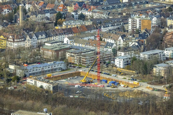Aerial view, construction site, new building project residential development on the site of the Paas haulage company, formerly part of Langenbrahm colliery, Ursulastrasse corner Manfredstrasse, Essen-Rüttenscheid, Essen, Ruhr area, North Rhine-Westphalia, Germany, construction, construction crane, construction project, DE, Europe, aerial view, aerial photography, aerial photography, overview, bird's-eye view, overview