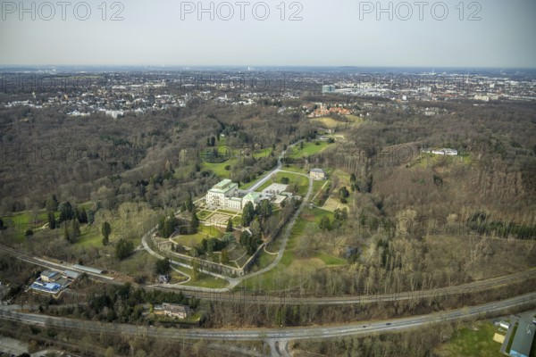 Aerial photograph, Villa Hügel, former residence and representative house of the Krupp industrial family, Essen-Bredeney, Essen, Ruhr area, North Rhine-Westphalia, Germany, DE, Europe, Hügelpark, Kruppwald, art gallery, aerial photograph, aerial photography, aerial photography, park, overview, bird's-eye view, birds-eyes view, overview